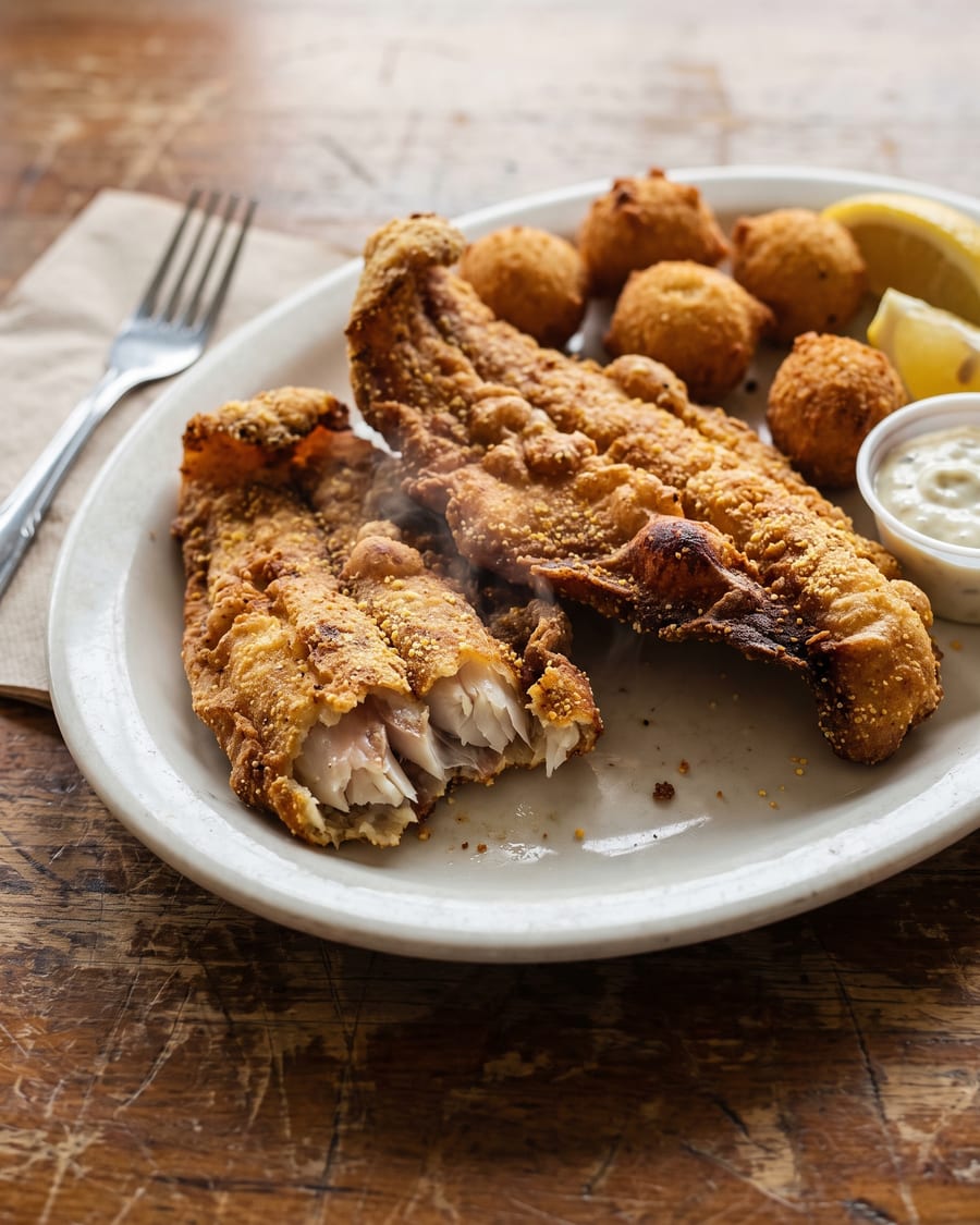 Two cornmeal-fried catfish fillets and a scatter of hushpuppies on a white oval plate, one fillet broken open at the near end showing white flaking flesh.