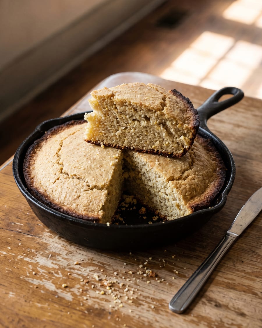 A round of skillet cornbread in a blackened cast-iron pan, one wedge lifted out and leaning against the rest so the coarse open crumb shows.