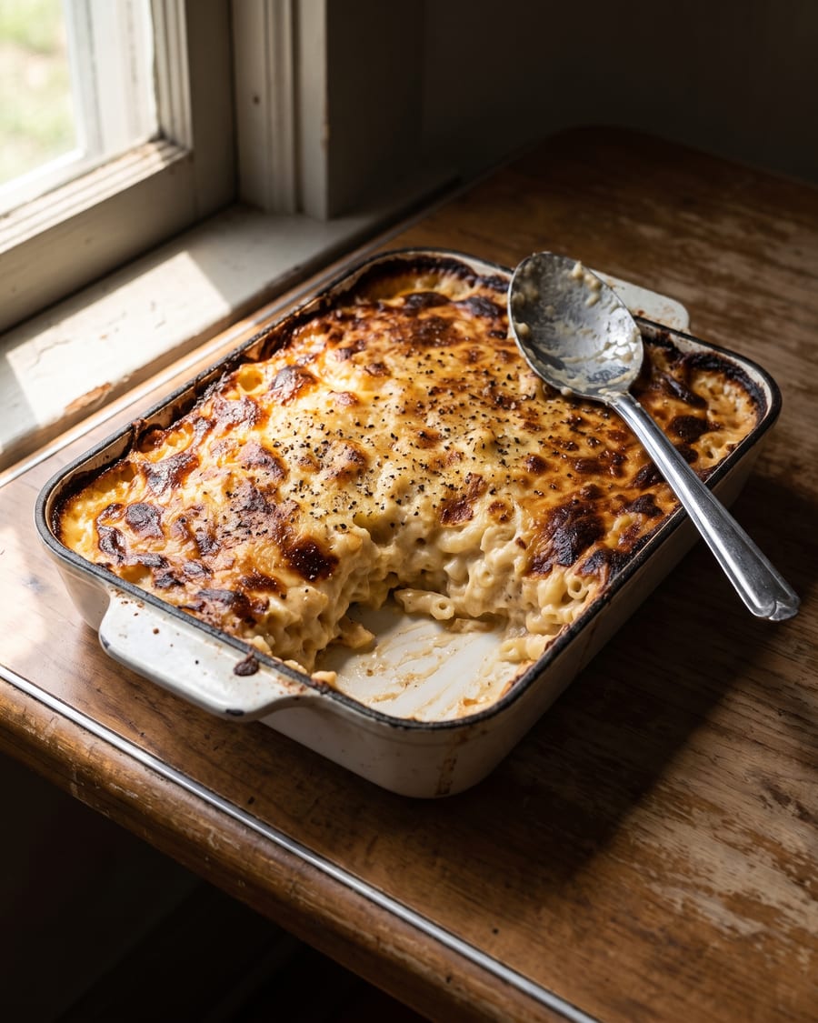 A deep white enamel pan of baked macaroni and cheese with one scoop taken out, the cut edge showing soft interior under a browned, blistered crust.