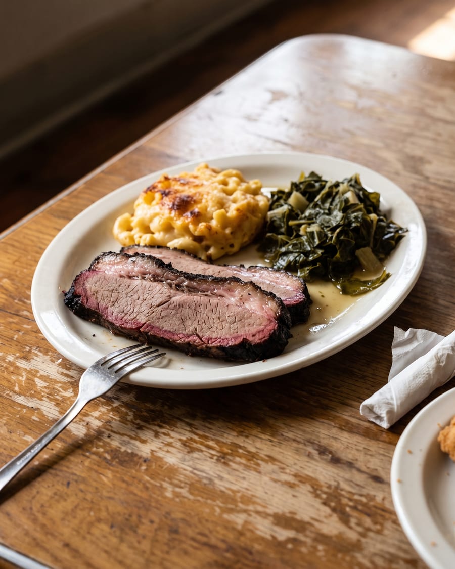 A white oval plate carrying two thick slices of smoked brisket with a dark bark edge, a scoop of baked macaroni and cheese, and a mound of turnip greens with pot likker at the rim.