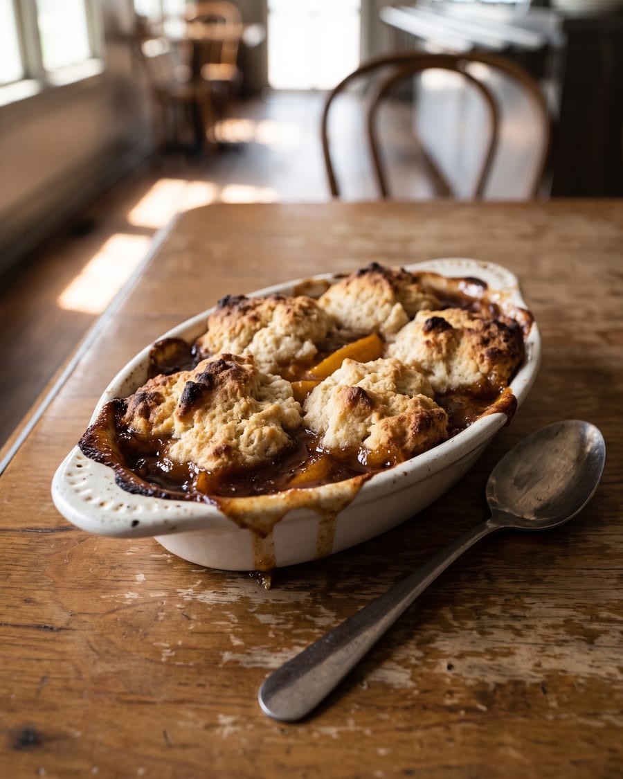 A peach cobbler in a small white baking dish with one serving lifted out, craggy dropped-biscuit topping browned unevenly and dark peach filling bubbling between the scoops.