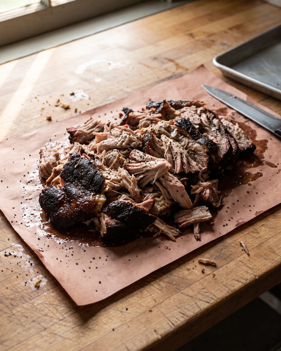 A mound of hand-chopped smoked pork shoulder heaped on brown butcher paper, dark bark pieces mixed through the pale interior meat, a steel knife beside it.